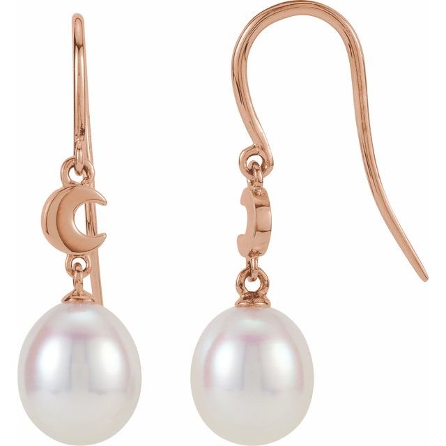 14K Rose Cultured White Freshwater Pearl Crescent Moon Earrings