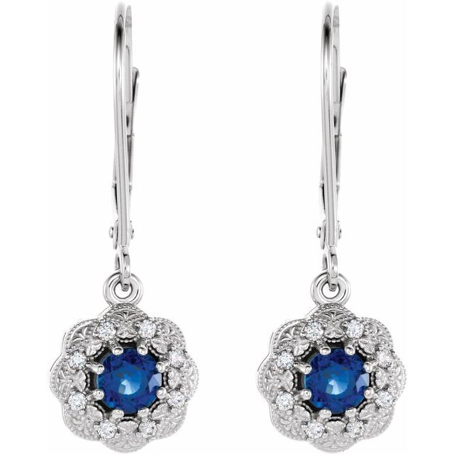 14k White Natural Blue Sapphire & 1/10 Ctw Natural Diamond Halo-style Earrings