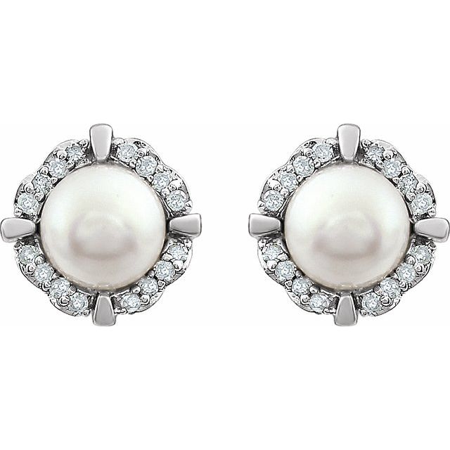 14k White Cultured White Freshwater Pearl & 1/10 Ctw Natural Diamond Earrings