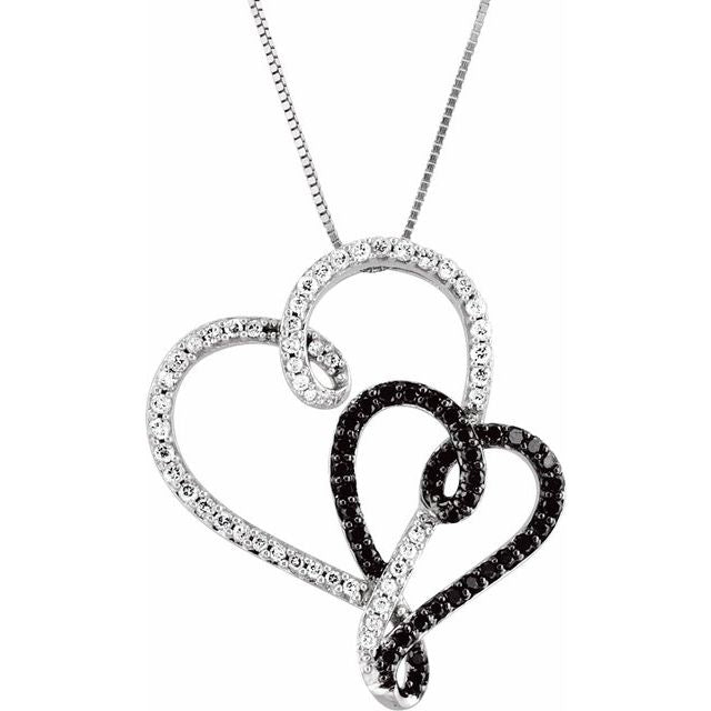14K White & Black Rhodium-Plated 1/2 CTW Black & White Natural Diamond Double Heart 18' Necklace