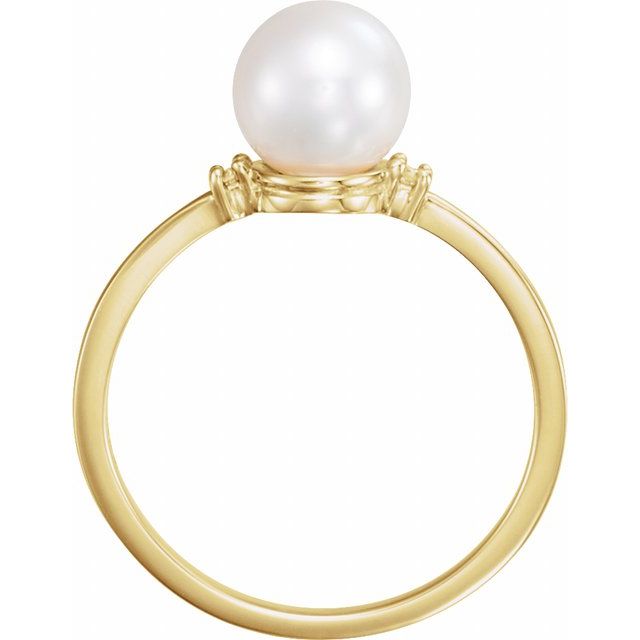 14k Yellow Cultured White Freshwater Pearl & .025 Ctw Natural Diamond Ring