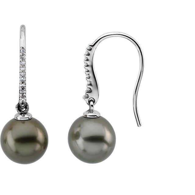 14k White Cultured Gray Tahitian Pearls & 1/8 Ctw Natural Diamond Earrings