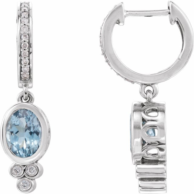 14k White Natural Aquamarine & 1/6 Ctw Natural Diamond Hoop Earrings