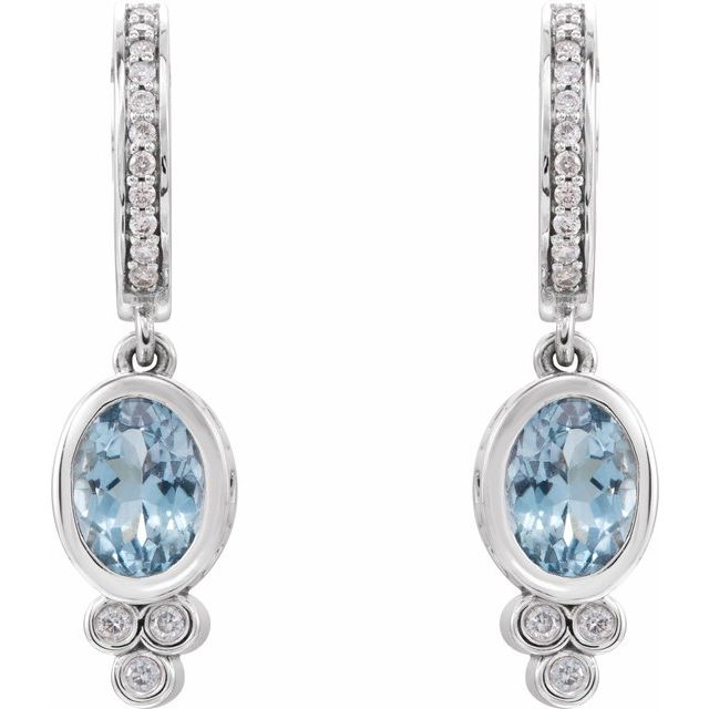14k White Natural Aquamarine & 1/6 Ctw Natural Diamond Hoop Earrings