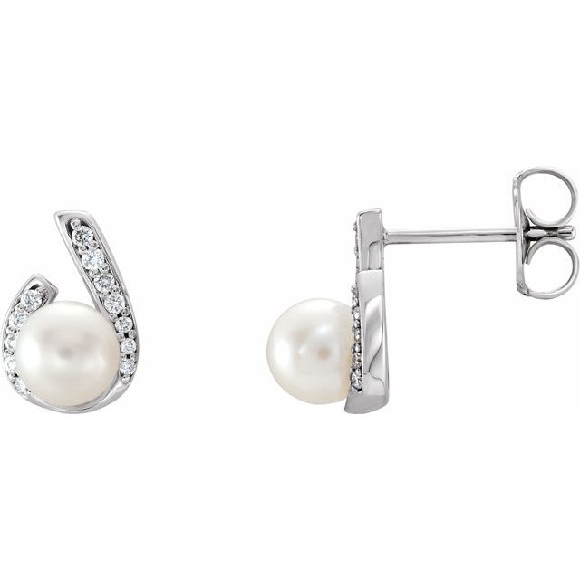 14k White Cultured White Freshwater Pearl & 1/10 Ctw Natural Diamond Earrings
