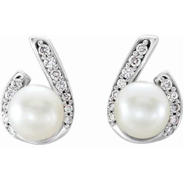14k White Cultured White Freshwater Pearl & 1/10 Ctw Natural Diamond Earrings