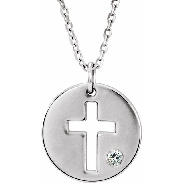 Sterling Silver .03 Ct Natural Diamond Pierced Cross Disc 16-18' Necklace