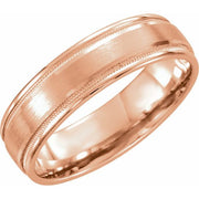 14k Rose 6 Mm Flat Edge Comfort-fit Band With Milgrain & Satin Finish Size 10