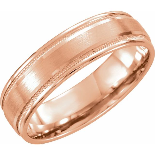 14k Rose 6 Mm Flat Edge Comfort-fit Band With Milgrain & Satin Finish Size 10