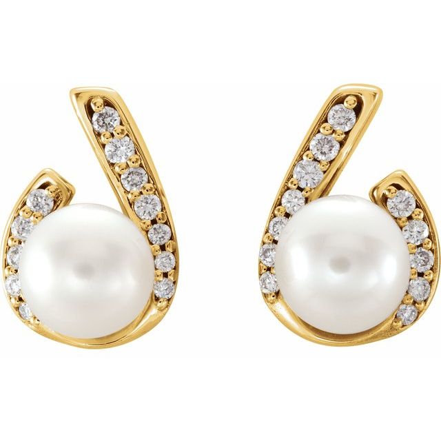 14k Yellow Cultured White Freshwater Pearl & 1/10 Ctw Natural Diamond Earrings