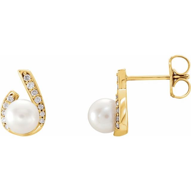 14k Yellow Cultured White Freshwater Pearl & 1/10 Ctw Natural Diamond Earrings