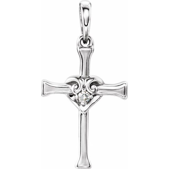 Sterling Silver .025 Ct Natural Diamond Heart & Cross Pendant