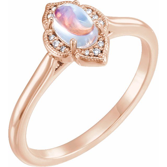 14k Rose Natural Rainbow Moonstone & .03 Ctw Natural Diamond Ring
