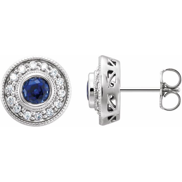 14k White Lab-grown Blue Sapphire & 1/3 Ctw Natural Diamond Halo-style Earrings