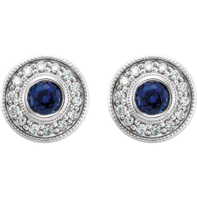 14k White Lab-grown Blue Sapphire & 1/3 Ctw Natural Diamond Halo-style Earrings