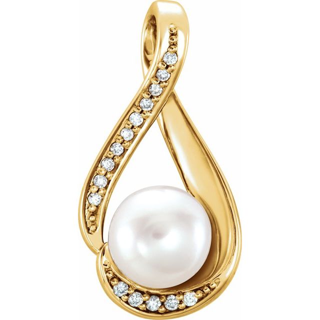 14k Yellow Cultured White Freshwater Pearl & .03 Ctw Natural Diamond Pendant