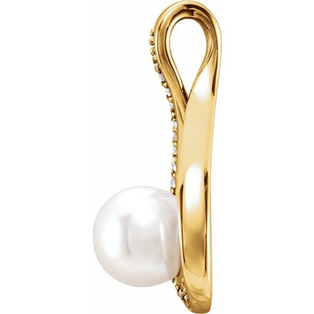 14k Yellow Cultured White Freshwater Pearl & .03 Ctw Natural Diamond Pendant