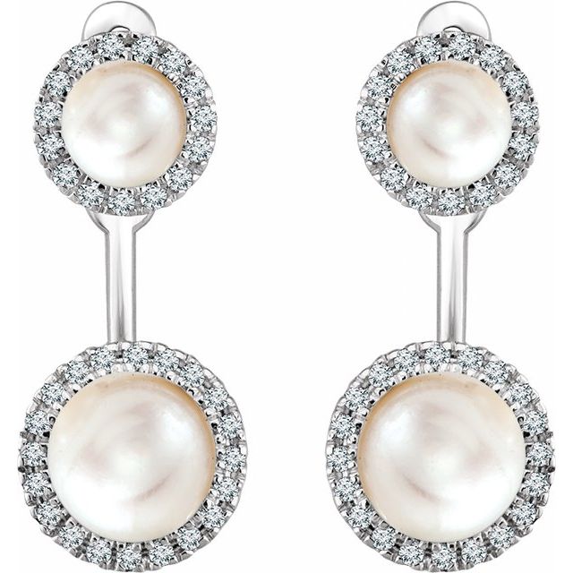 14k White Cultured White Freshwater Pearl & 1/5 Ctw Natural Diamond Halo-style Earrings