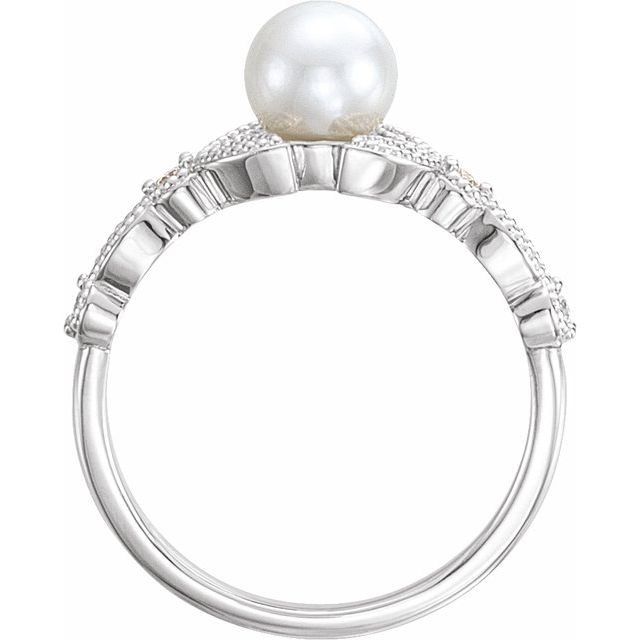 14k White Cultured White Freshwater Pearl & 1/10 Ctw Natural Diamond Leaf Ring