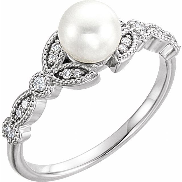 14k White Cultured White Freshwater Pearl & 1/10 Ctw Natural Diamond Leaf Ring