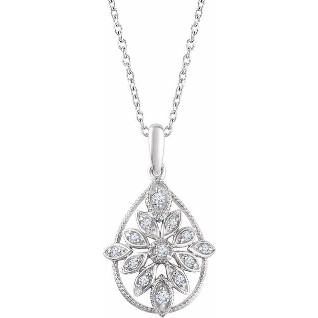 14k White 1/6 Ctw Natural Diamond Granulated Filigree 16-18' Necklace
