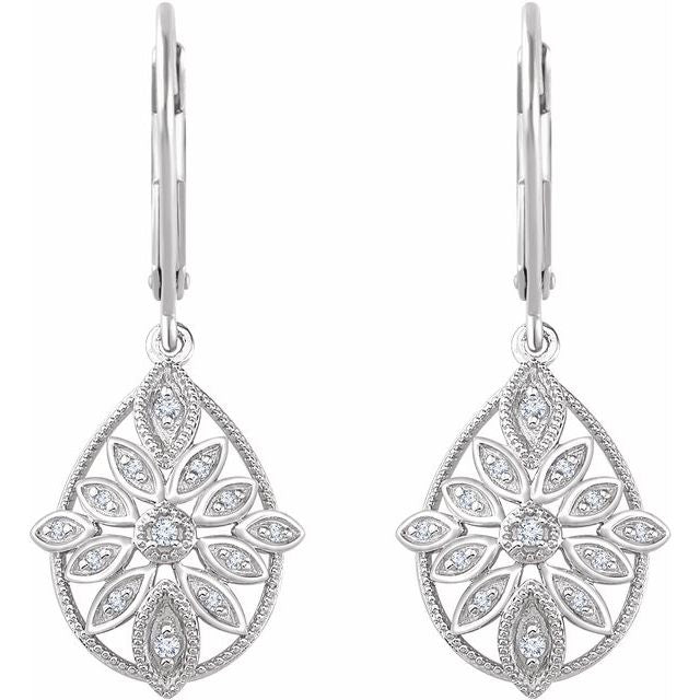 14k White 1/6 Ctw Natural Diamond Granulated Filigree Earrings