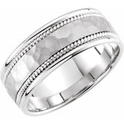14K White 8 mm Flat Comfort-Fit Rope Band with Hammer Finish Size 9