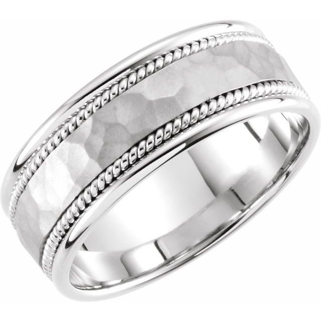 14K White 8 mm Flat Comfort-Fit Rope Band with Hammer Finish Size 9