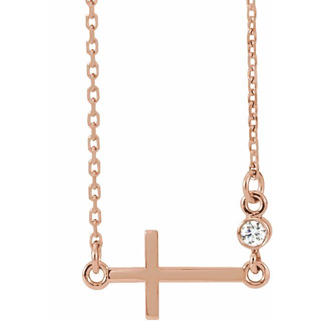 14k Rose .03 Ctw Natural Diamond Sideways Cross 16-18' Necklace