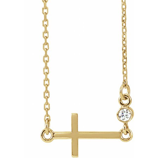 14k Yellow .03 Ctw Natural Diamond Sideways Cross 16-18' Necklace