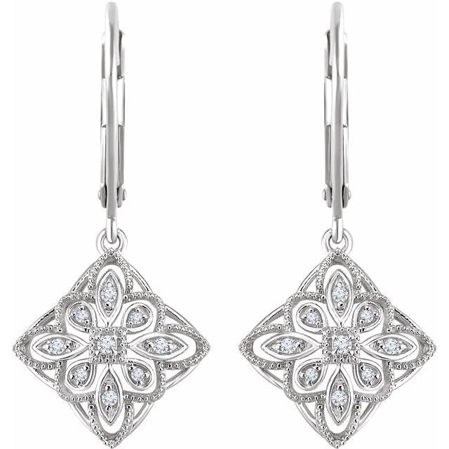 14k White 1/10 Ctw Natural Diamond Granulated Filigree Earrings