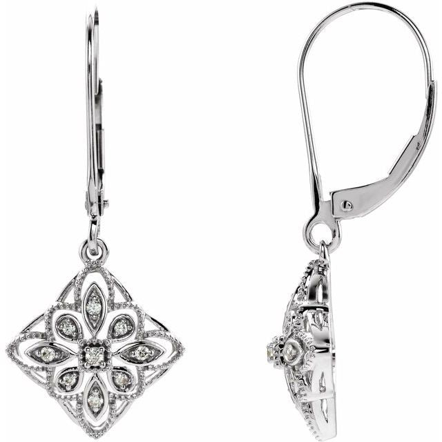 14k White 1/10 Ctw Natural Diamond Granulated Filigree Earrings