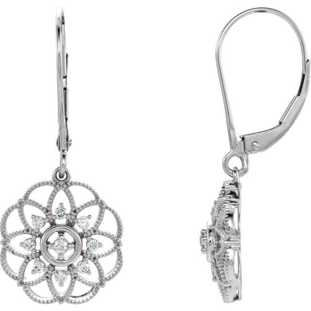14k White 1/5 Ctw Natural Diamond Granulated Filigree Earrings