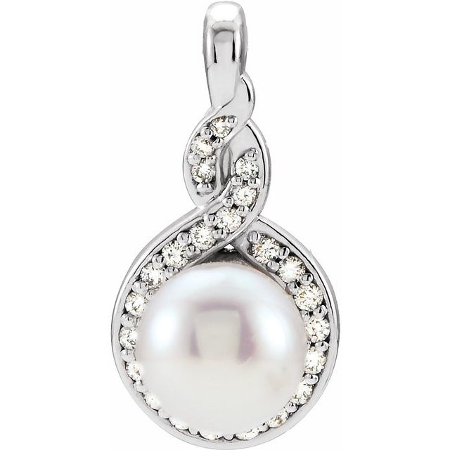 14k White Cultured White Akoya Pearl & 1/10 Ctw Natural Diamond Pendant