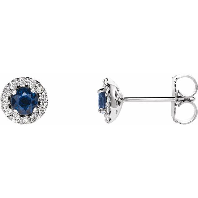14k White 3.5 Mm Natural Blue Sapphire & 1/10 Ctw Natural Diamond Earrings
