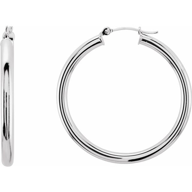 14K White Tube 35 mm Hoop Earrings
