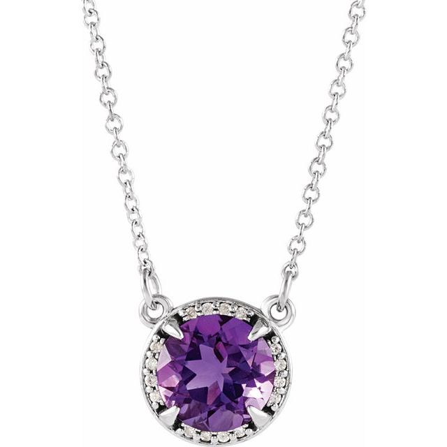 14K White 8 mm Natural Amethyst & .05 CTW Natural Diamond 16' Necklace