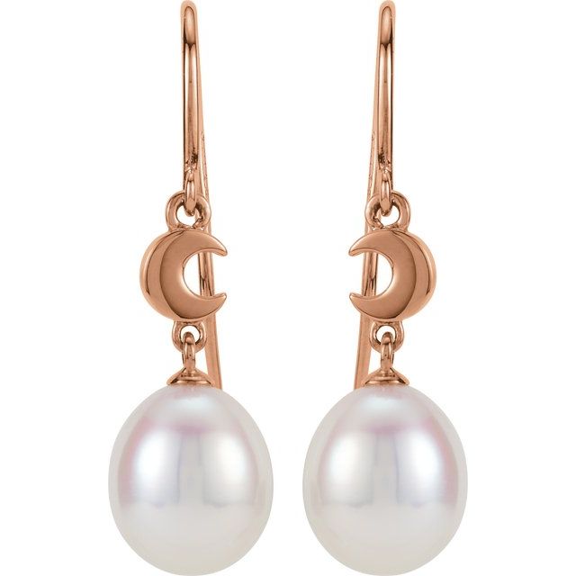14K Rose Cultured White Freshwater Pearl Crescent Moon Earrings