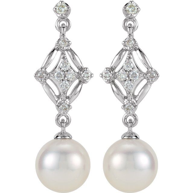 14K White Cultured White Freshwater Pearl & 1/6 CTW Natural Diamond Earrings