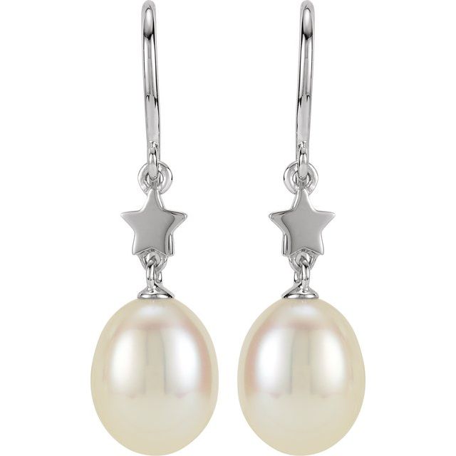 14K White Cultured White Freshwater Pearl Star Earrings