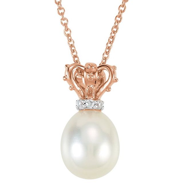 14K Rose/White Cultured White Freshwater Pearl & .015 CTW Natural Diamond Crown 18' Necklace