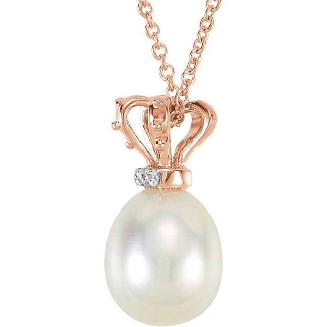 14K Rose/White Cultured White Freshwater Pearl & .015 CTW Natural Diamond Crown 18' Necklace