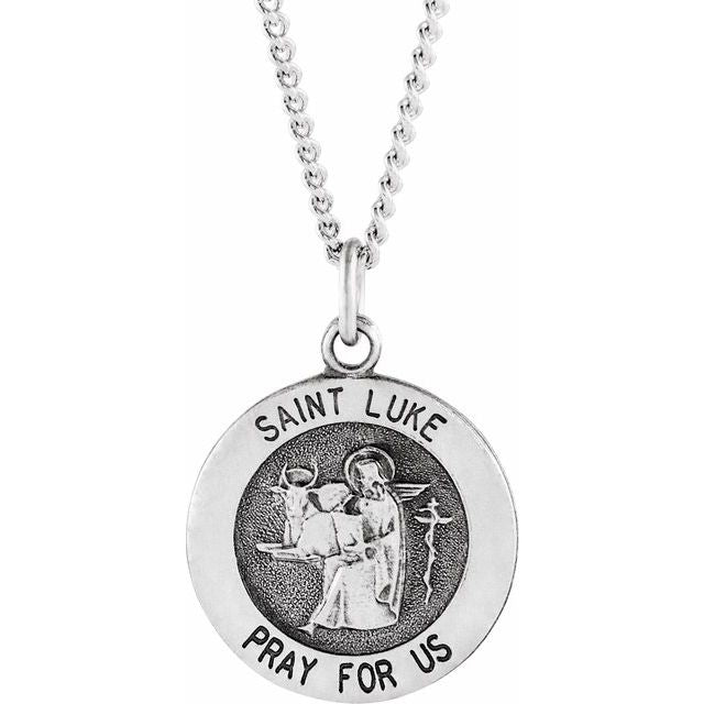 Sterling Silver 15 mm Round St. Luke Medal 18' Necklace