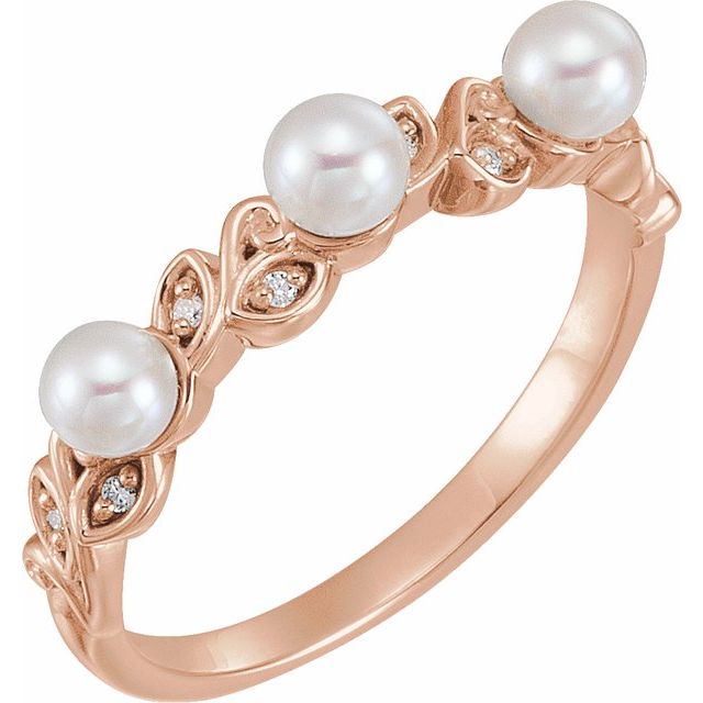 14k Rose Cultured White Seed Pearl & .03 Ctw Natural Diamond Ring