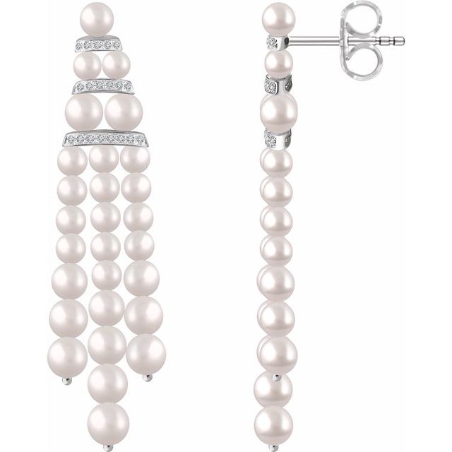 14k White Cultured White Freshwater Pearl & 1/4 Ctw Natural Diamond Earrings