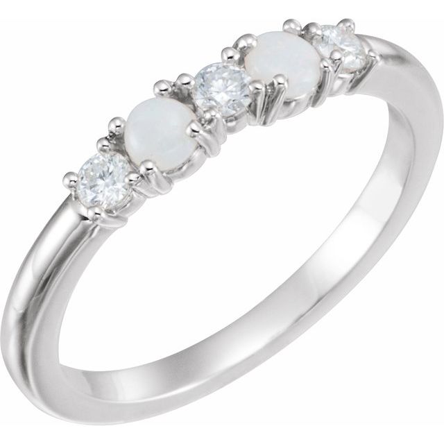 14k White Natural White Opal & 1/5 Ctw Natural Diamond Stackable Ring