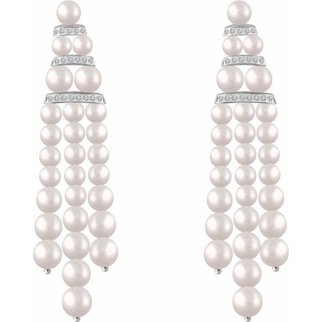 14k White Cultured White Freshwater Pearl & 1/4 Ctw Natural Diamond Earrings