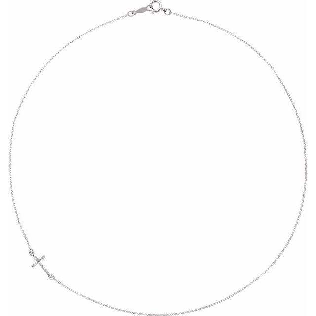 Sterling Silver .04 Ctw Natural Diamond Off-center Sideways Cross 16' Necklace