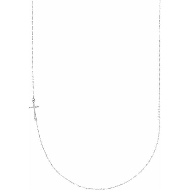 Sterling Silver .04 Ctw Natural Diamond Off-center Sideways Cross 16' Necklace