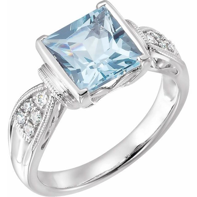 14K White Natural Aquamarine & 1/8 CTW Natural Diamond Ring
